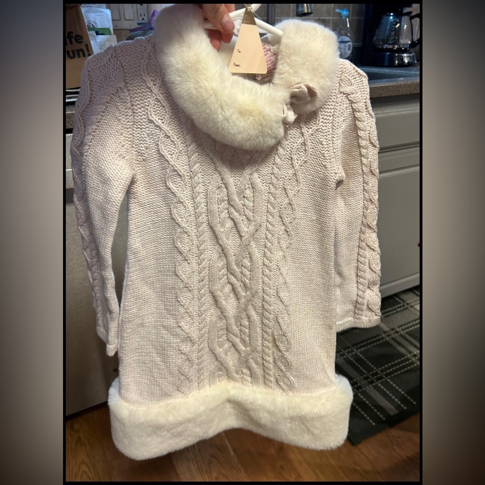 Girls holiday dress pink with fur trim